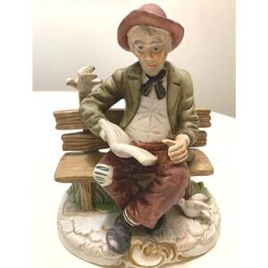 Vintage Nanco Figurine Old Man with Dove on Bench Hand Painted Japan 1970s
